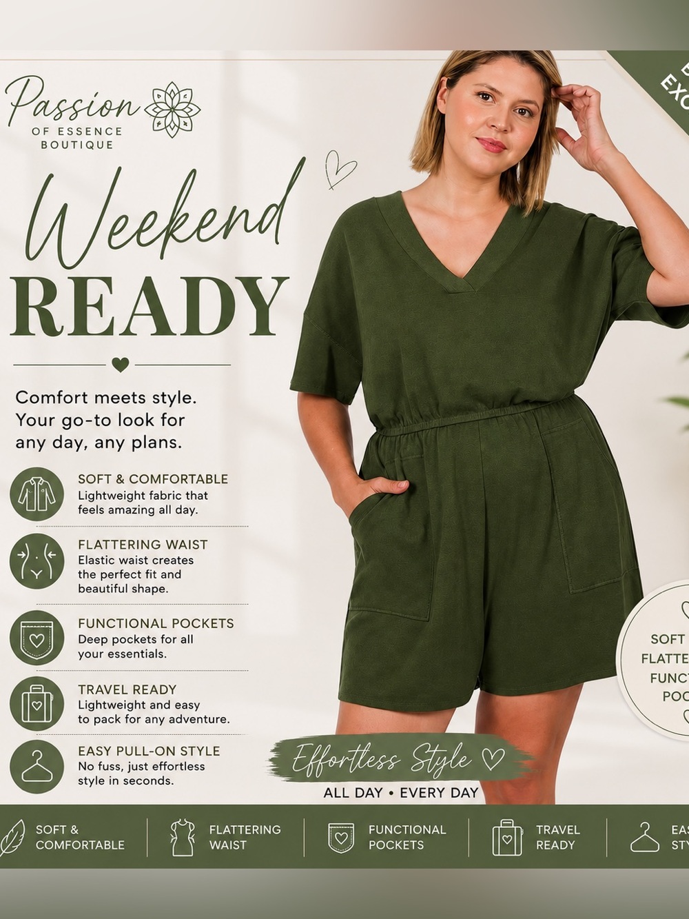 Boho Army Green Plus Size Drop Shoulder V-Neck Romper with Pockets
